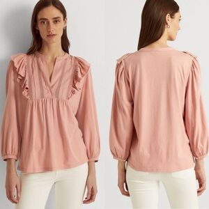 Lauren Ralph Lauren Rose Tan Ruffled Bib Neck Top Size: S